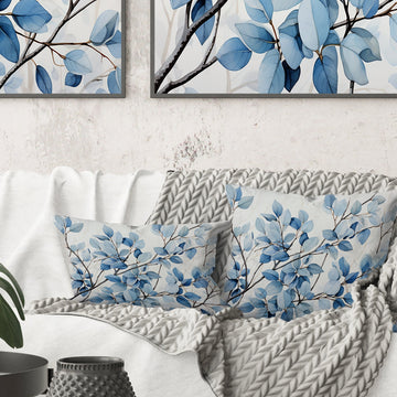Blue And Grey Leave Bloom - Leaves Throw Pillow